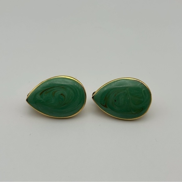 Vintage Seafoam Green Enamel Swirl Painted Teardrop Clip On Earrings Gold Tone - Picture 4 of 6